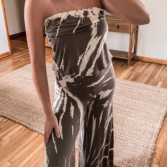 Young Fabulous & Broke Gray Tie Dye Strapless Wide Leg...